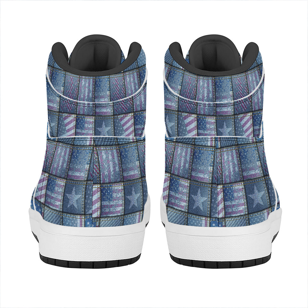 American Denim Patchwork Pattern Print High Top Leather Sneakers