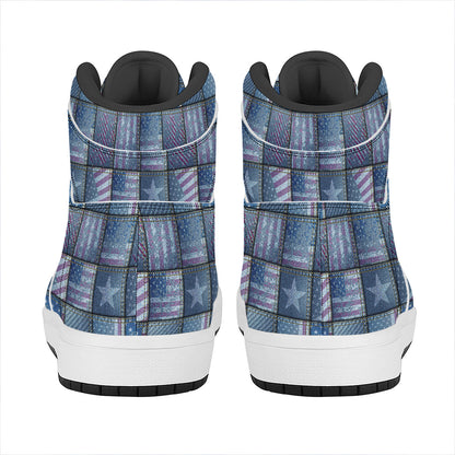 American Denim Patchwork Pattern Print High Top Leather Sneakers