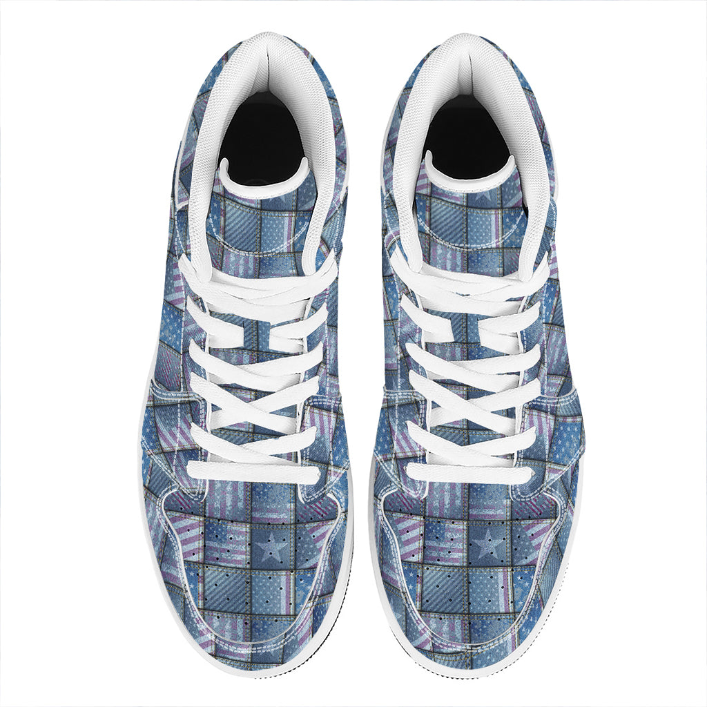 American Denim Patchwork Pattern Print High Top Leather Sneakers