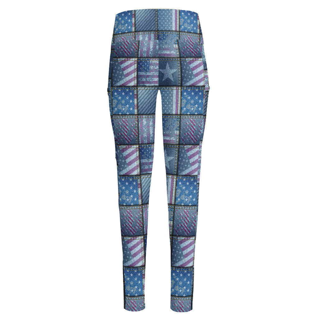American Denim Patchwork Pattern Print High-Waisted Pocket Leggings