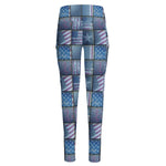 American Denim Patchwork Pattern Print High-Waisted Pocket Leggings