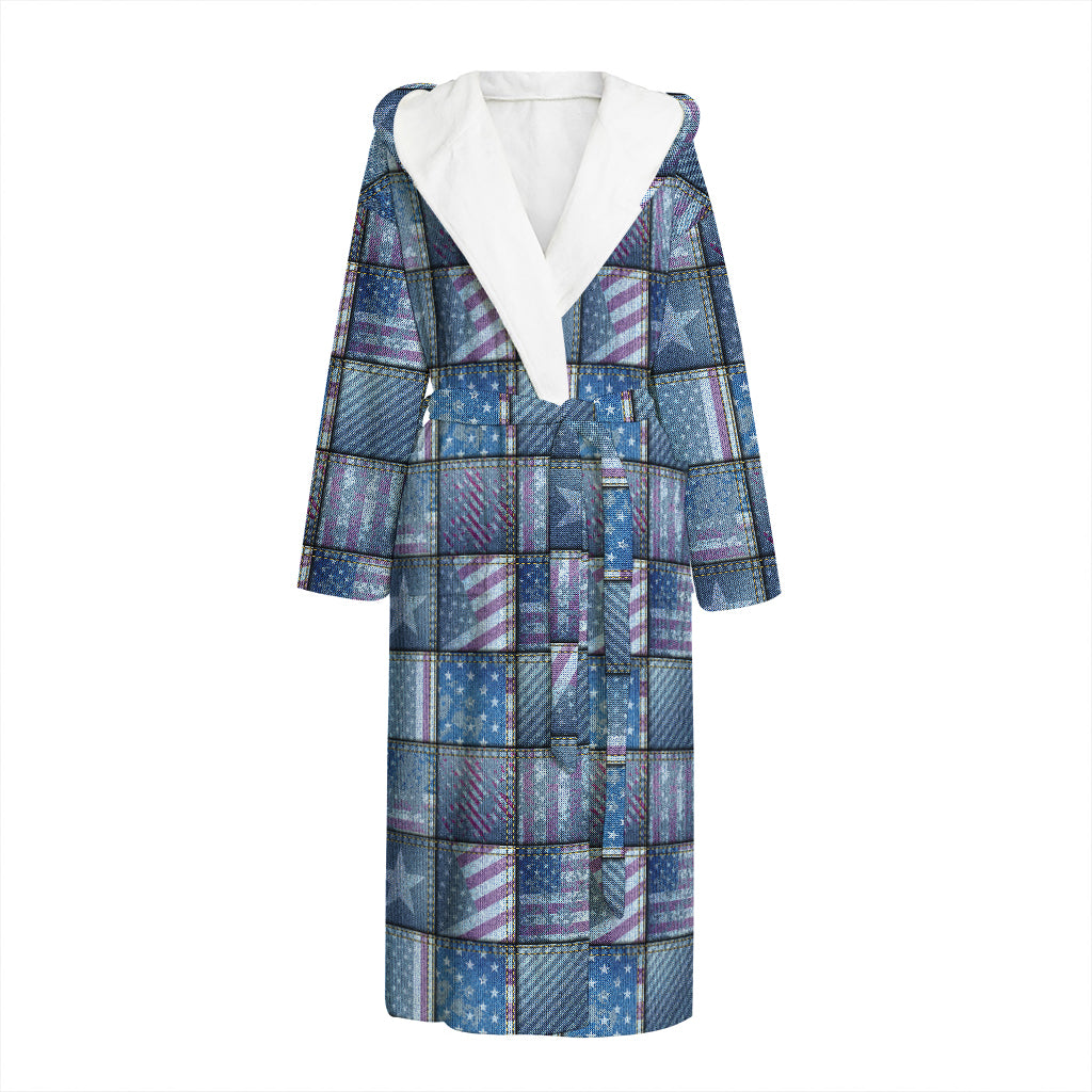 American Denim Patchwork Pattern Print Hooded Bathrobe