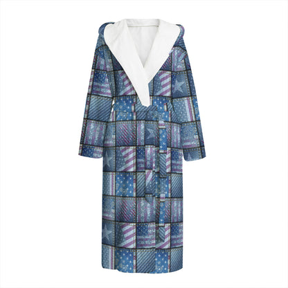 American Denim Patchwork Pattern Print Hooded Bathrobe