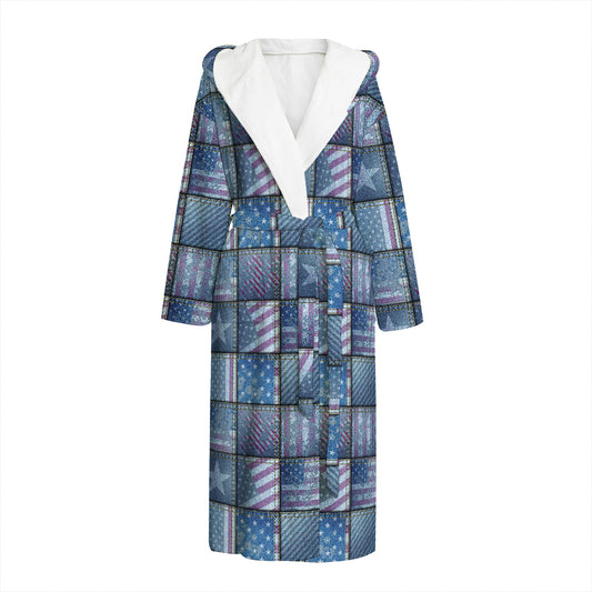 American Denim Patchwork Pattern Print Hooded Bathrobe