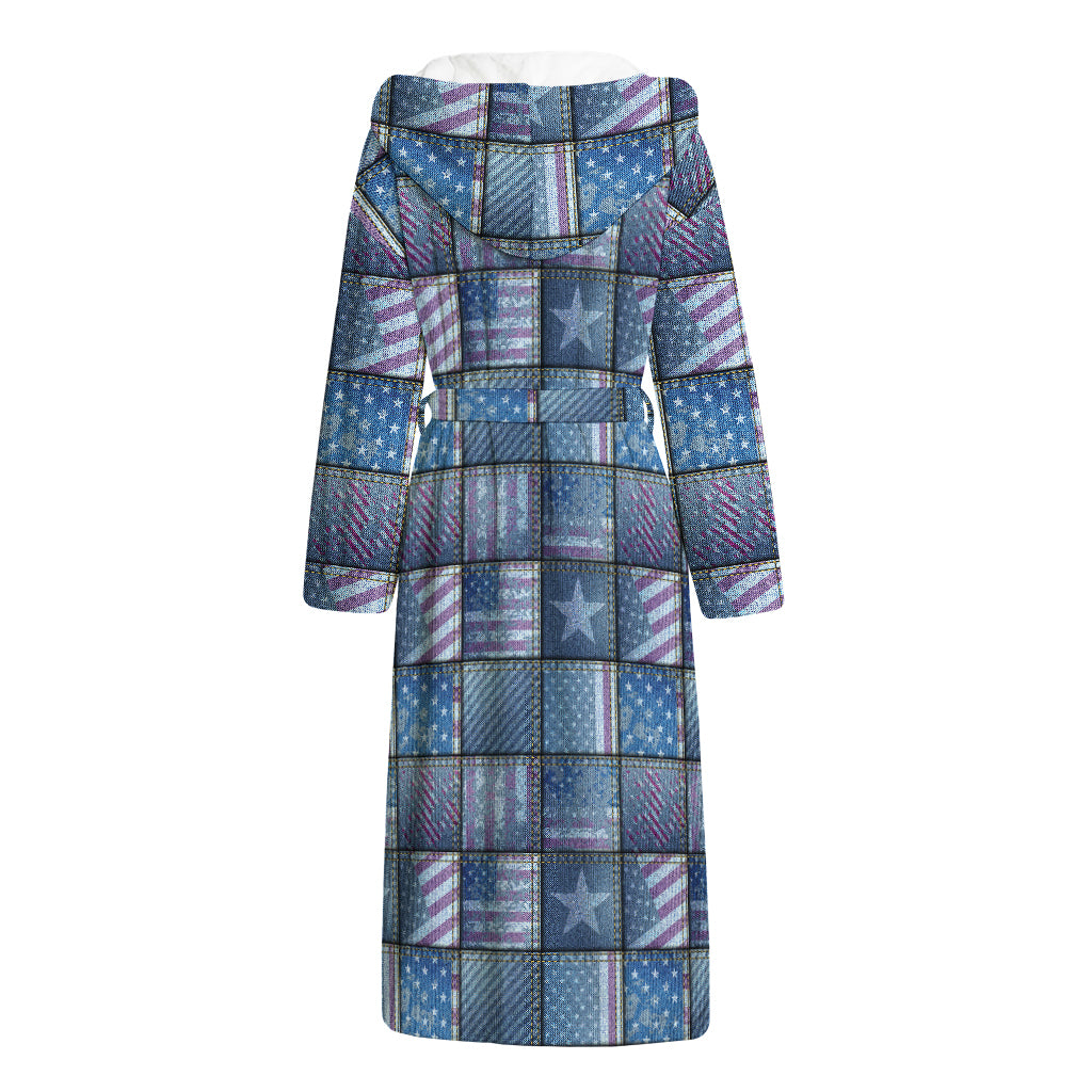 American Denim Patchwork Pattern Print Hooded Bathrobe