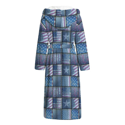 American Denim Patchwork Pattern Print Hooded Bathrobe