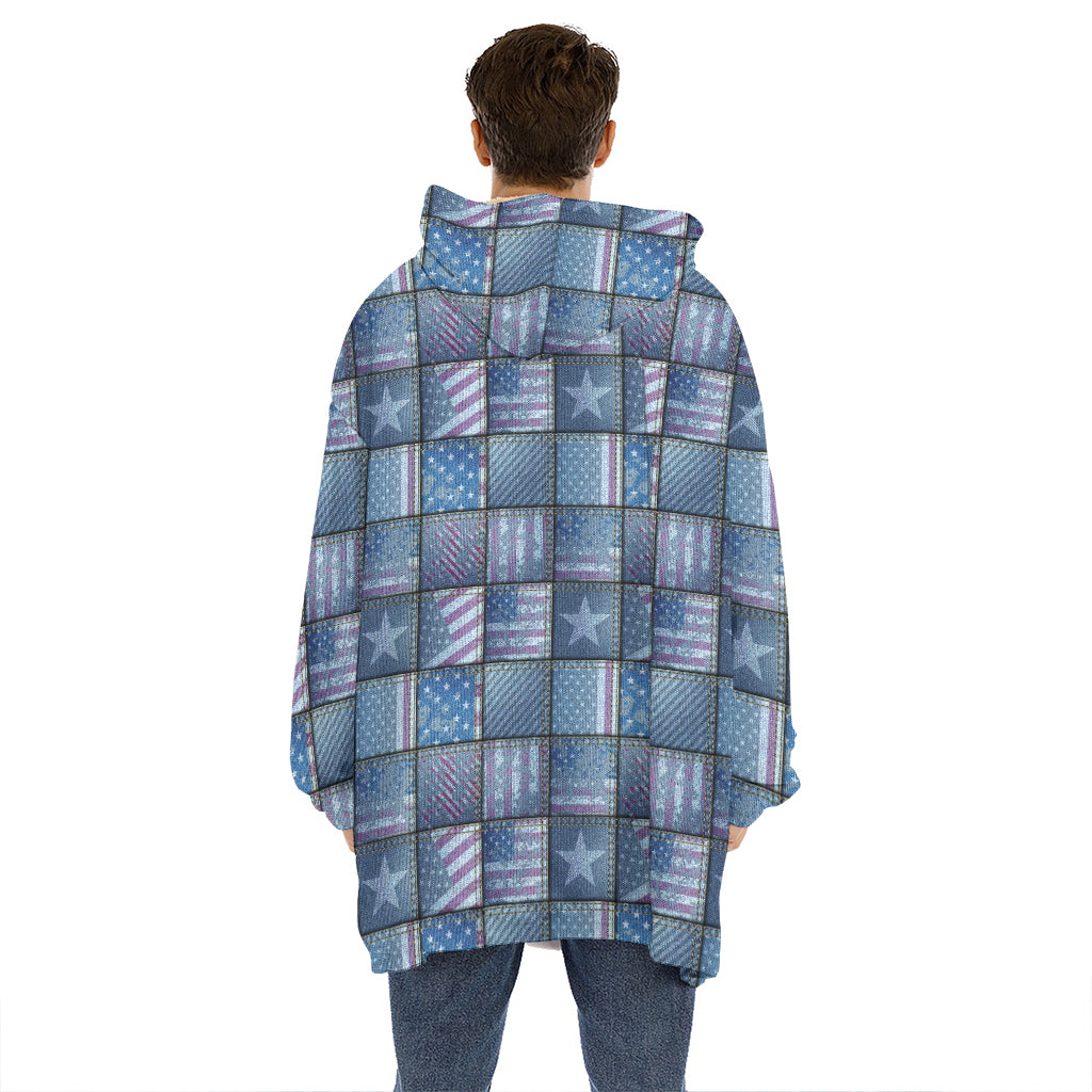 American Denim Patchwork Pattern Print Hoodie Blanket