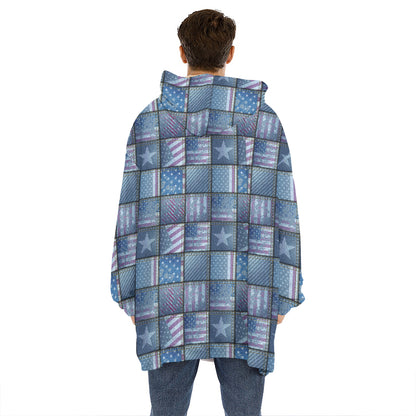 American Denim Patchwork Pattern Print Hoodie Blanket