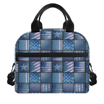 American Denim Patchwork Pattern Print Insulated Lunch Bag