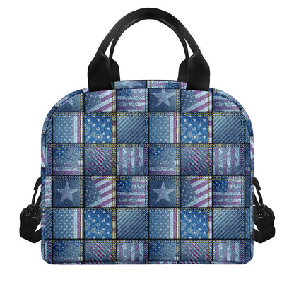 American Denim Patchwork Pattern Print Insulated Lunch Bag