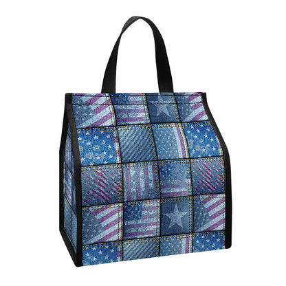 American Denim Patchwork Pattern Print Insulated Lunch Tote