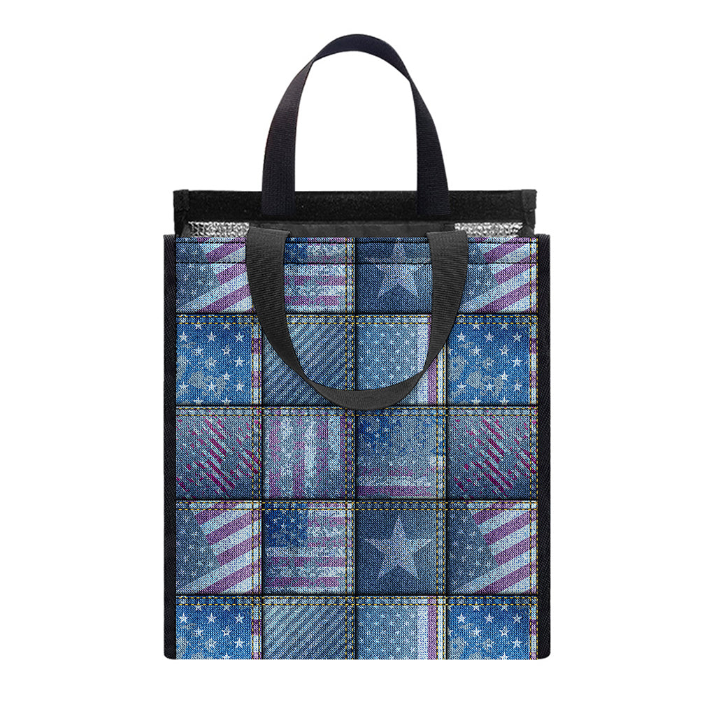 American Denim Patchwork Pattern Print Insulated Lunch Tote