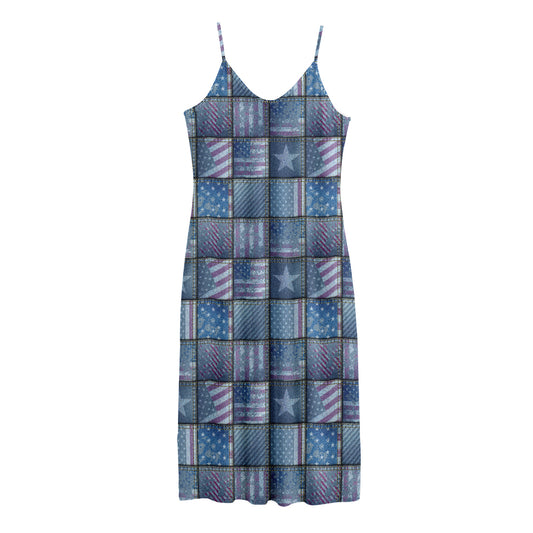 American Denim Patchwork Pattern Print Jersey Midi Cami Dress