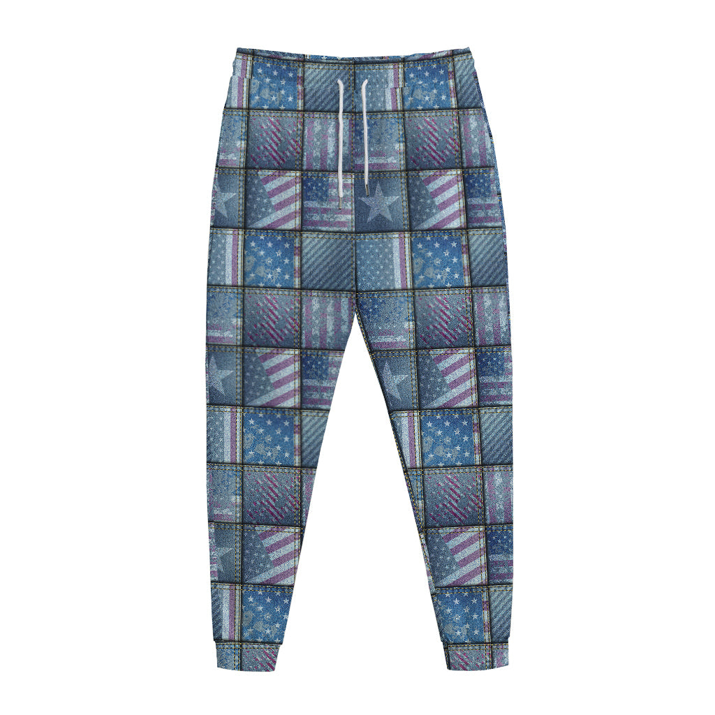 American Denim Patchwork Pattern Print Jogger Pants