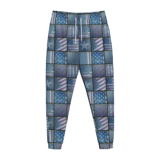 American Denim Patchwork Pattern Print Jogger Pants