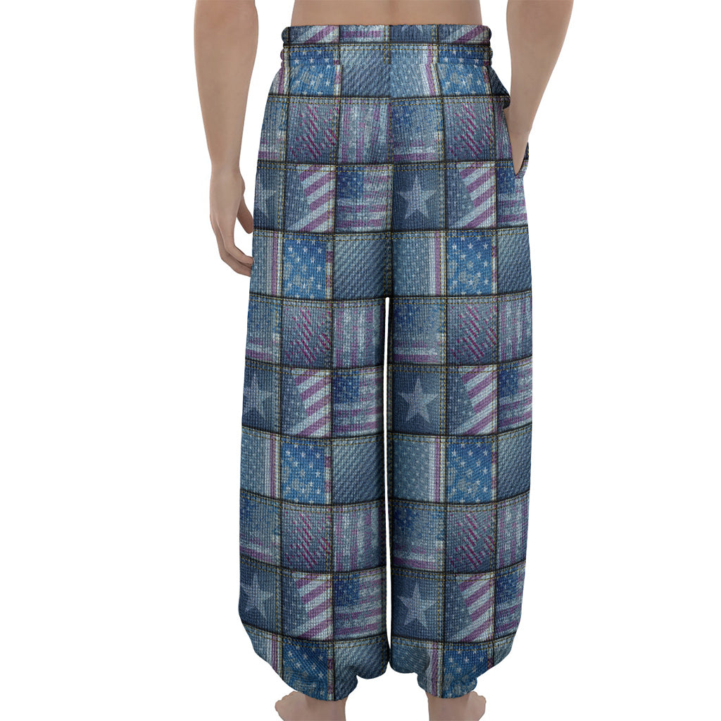 American Denim Patchwork Pattern Print Lantern Pants