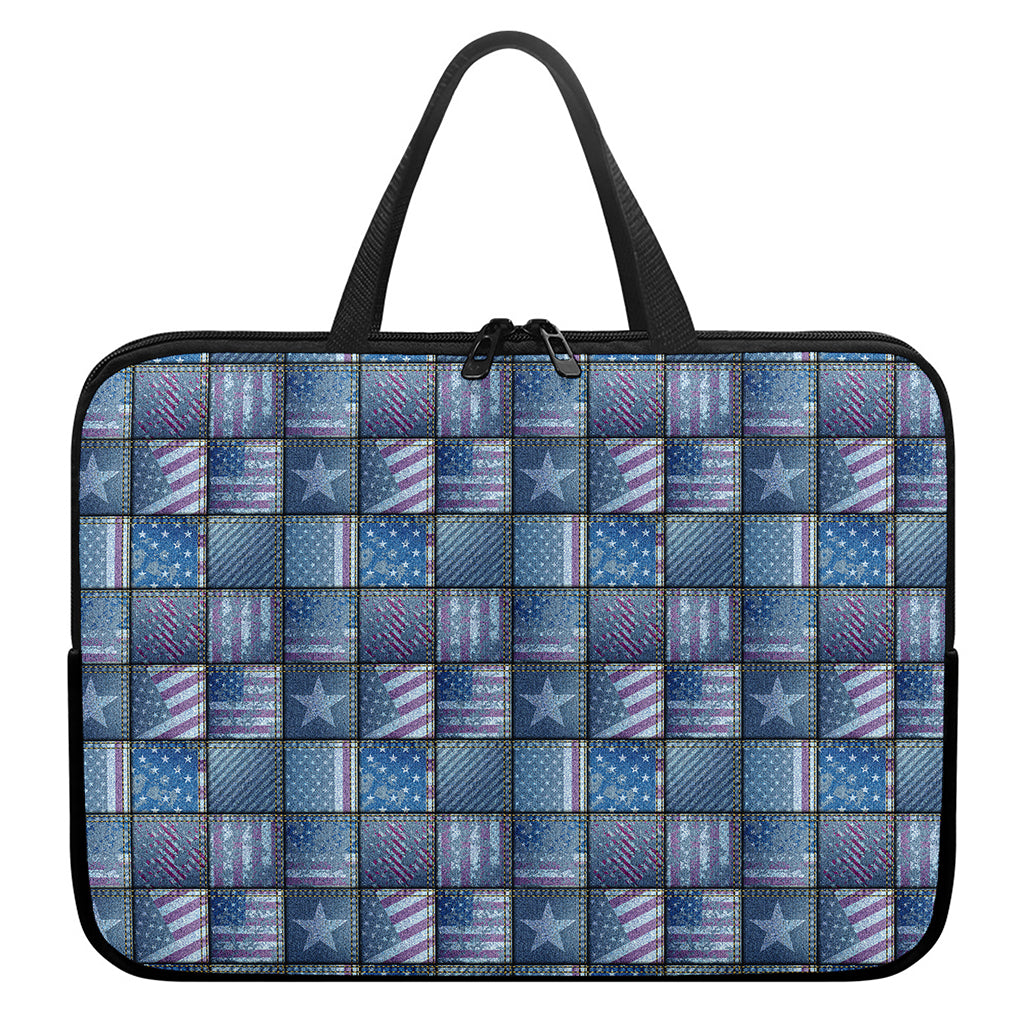 American Denim Patchwork Pattern Print Laptop Sleeve With Handle