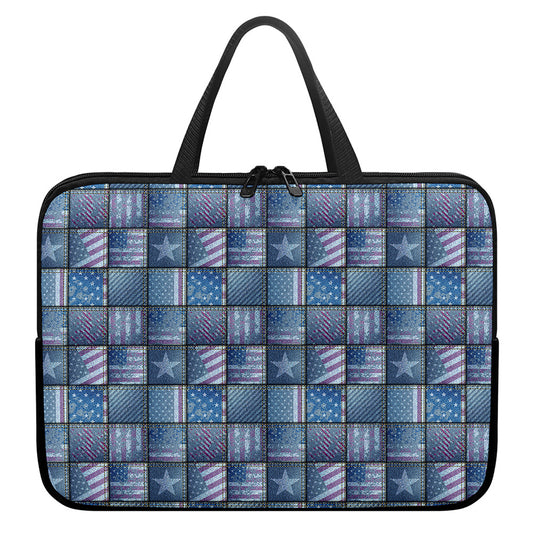 American Denim Patchwork Pattern Print Laptop Sleeve With Handle