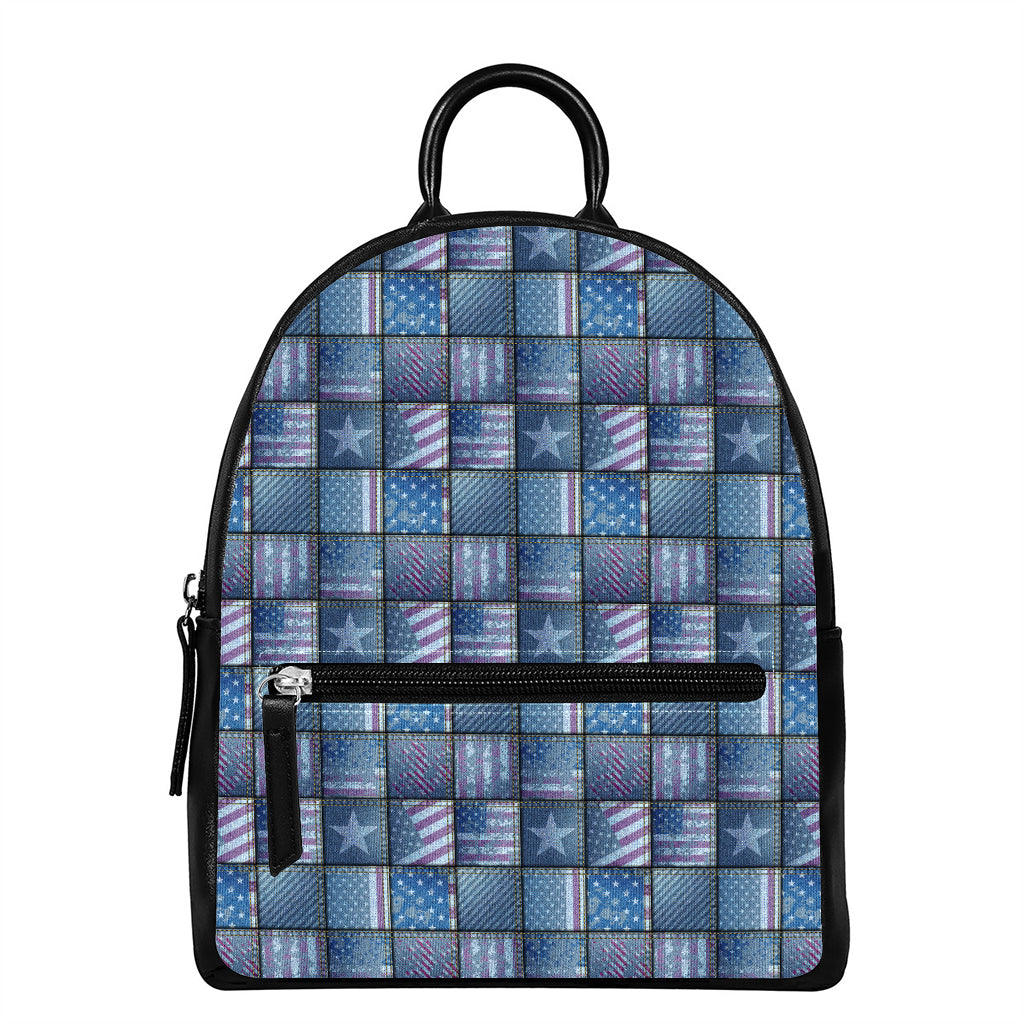 American Denim Patchwork Pattern Print Leather Backpack