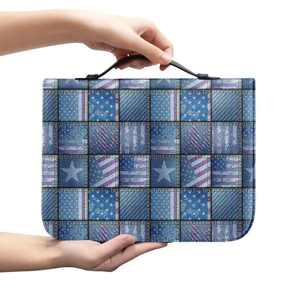 American Denim Patchwork Pattern Print Leather Bible Cover
