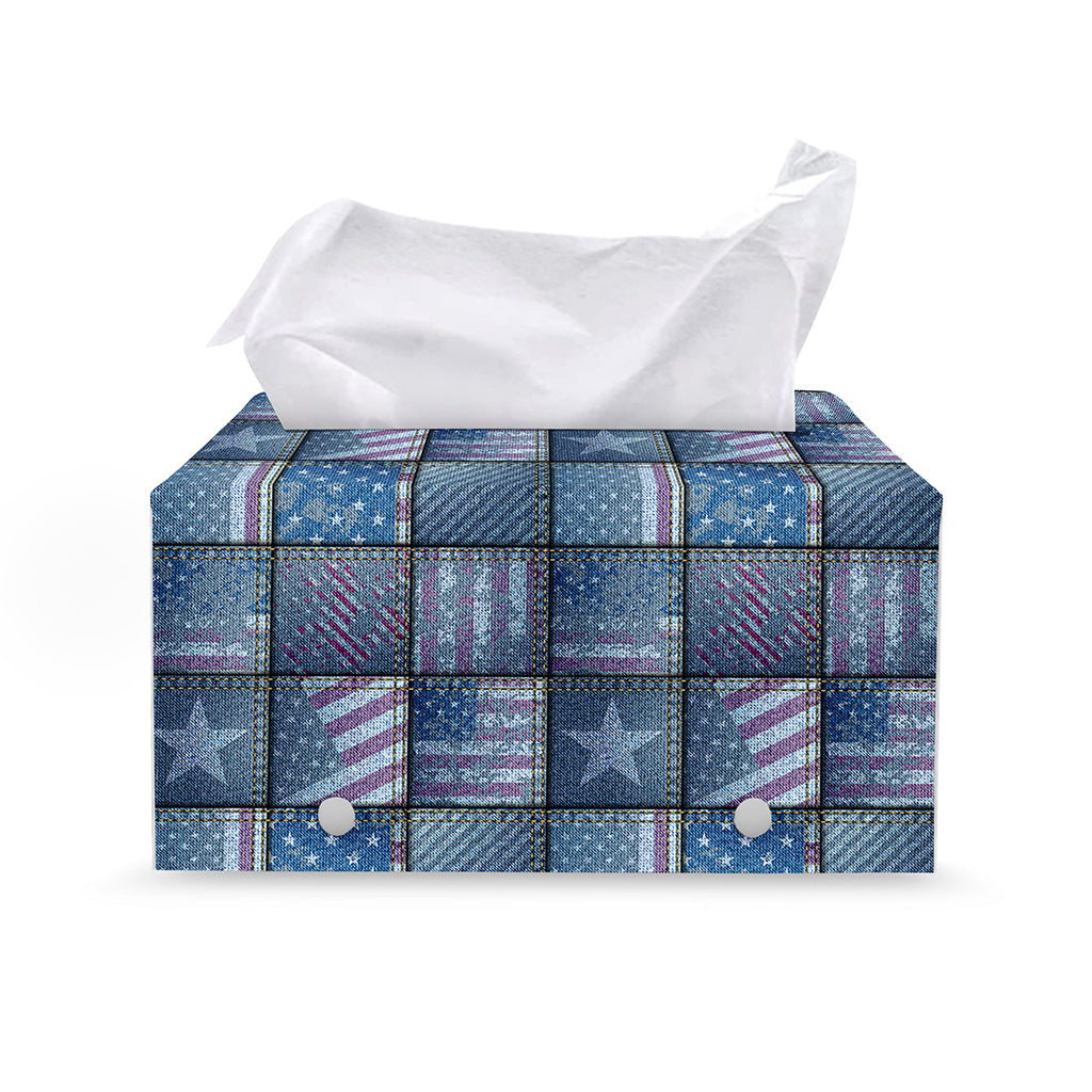 American Denim Patchwork Pattern Print Leather Tissue Box Cover