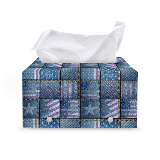 American Denim Patchwork Pattern Print Leather Tissue Box Cover