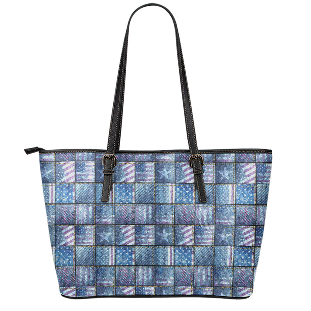 American Denim Patchwork Pattern Print Leather Tote Bag