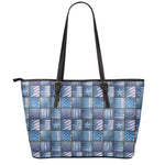 American Denim Patchwork Pattern Print Leather Tote Bag