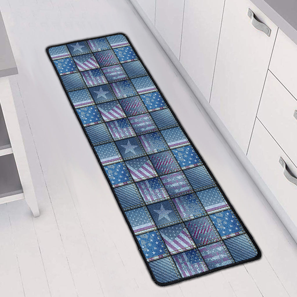 American Denim Patchwork Pattern Print Long Kitchen Mat