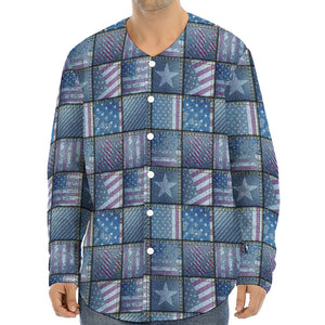 American Denim Patchwork Pattern Print Long Sleeve Baseball Jersey