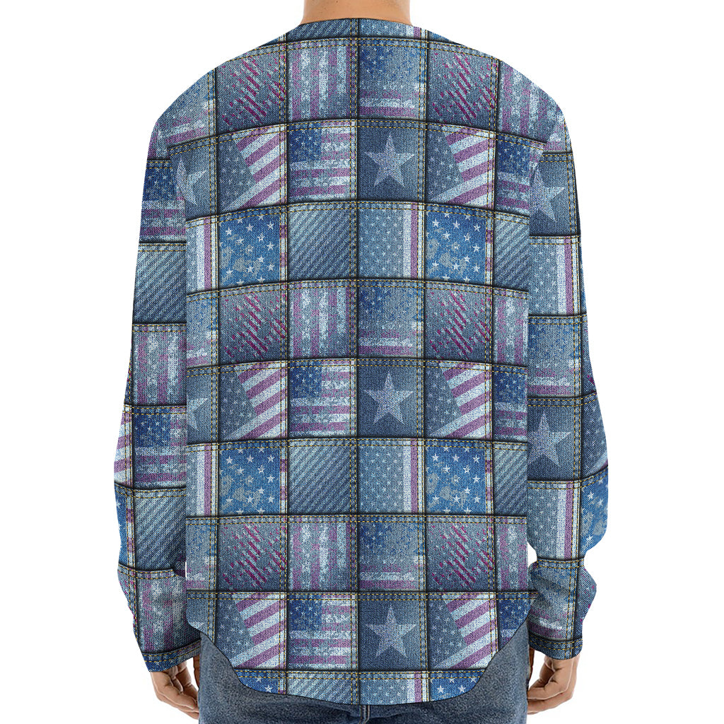 American Denim Patchwork Pattern Print Long Sleeve Baseball Jersey