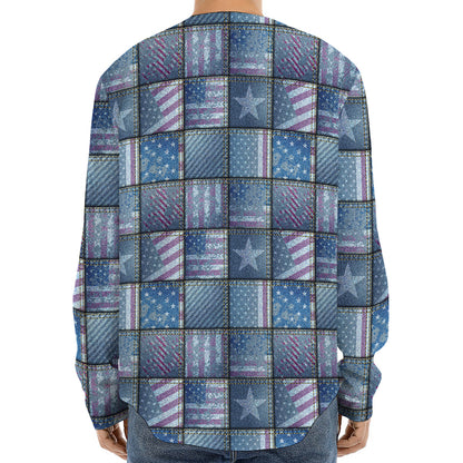 American Denim Patchwork Pattern Print Long Sleeve Baseball Jersey