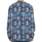 American Denim Patchwork Pattern Print Long Sleeve Baseball Jersey