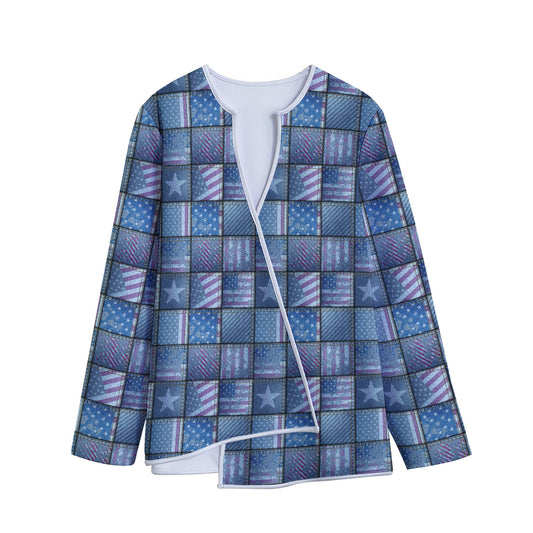 American Denim Patchwork Pattern Print Long Sleeve Short Coat