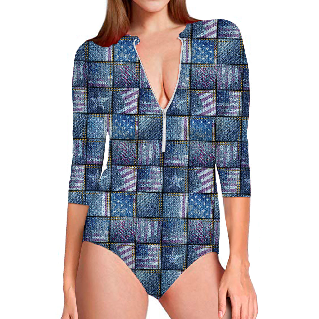 American Denim Patchwork Pattern Print Long Sleeve Swimsuit