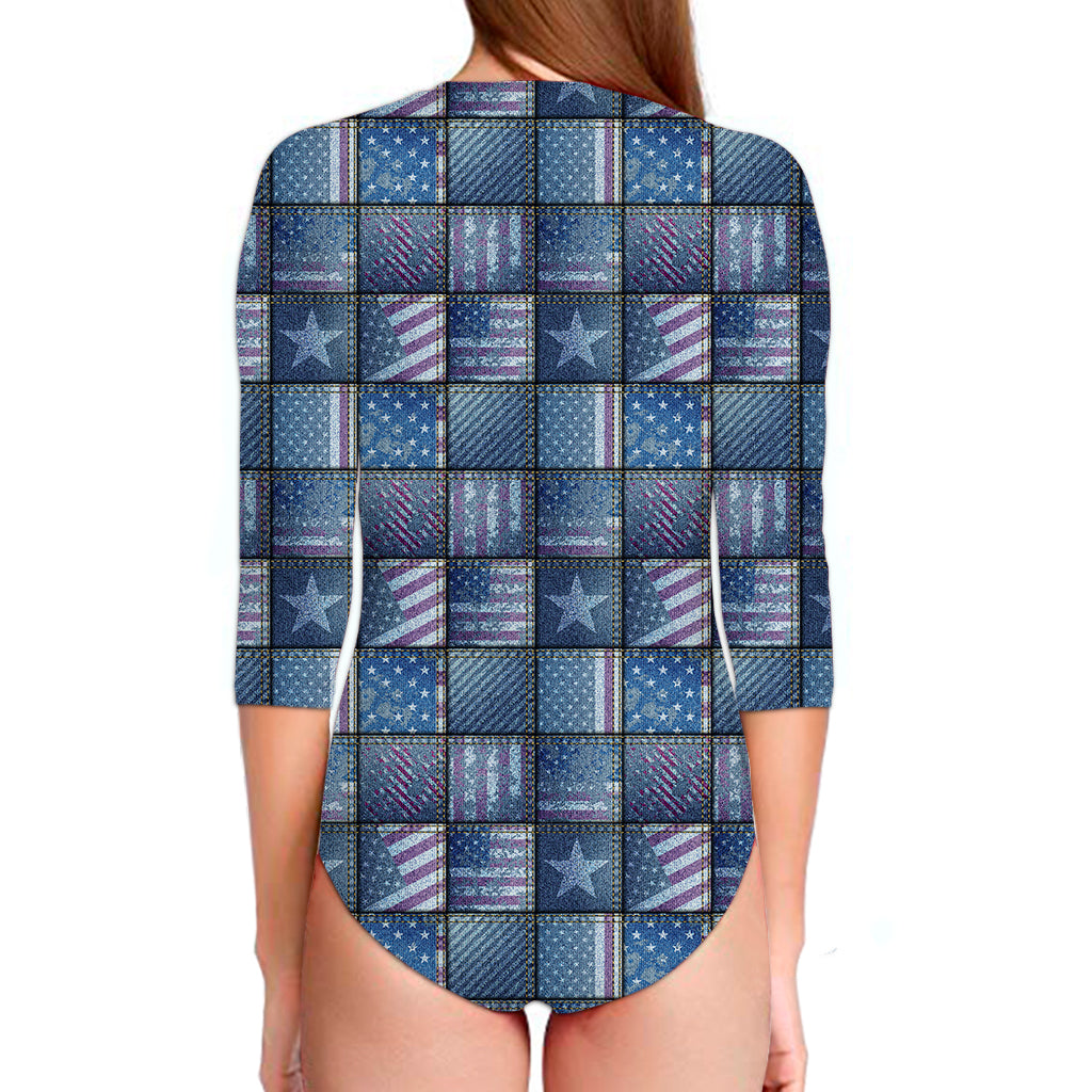 American Denim Patchwork Pattern Print Long Sleeve Swimsuit