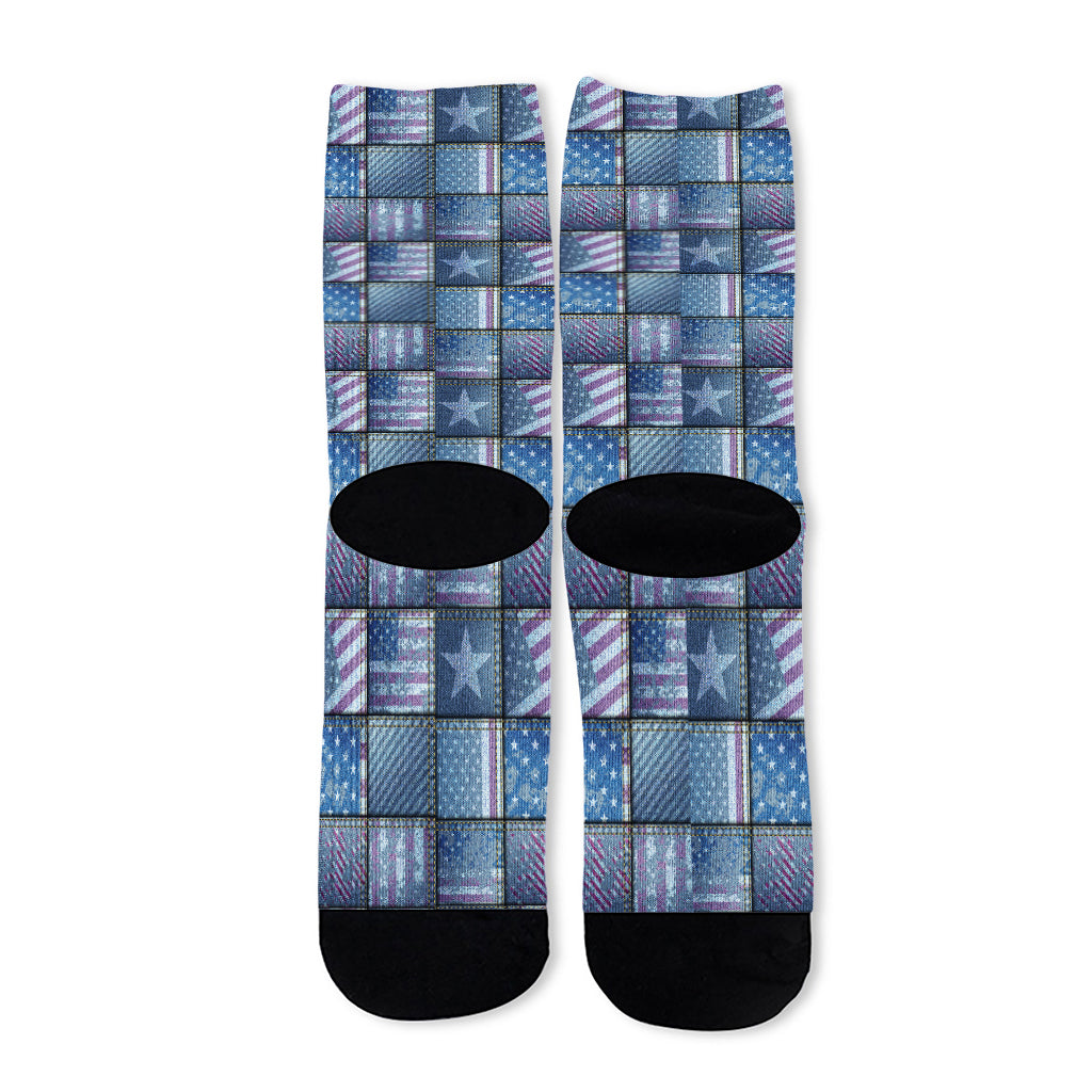 American Denim Patchwork Pattern Print Long Socks