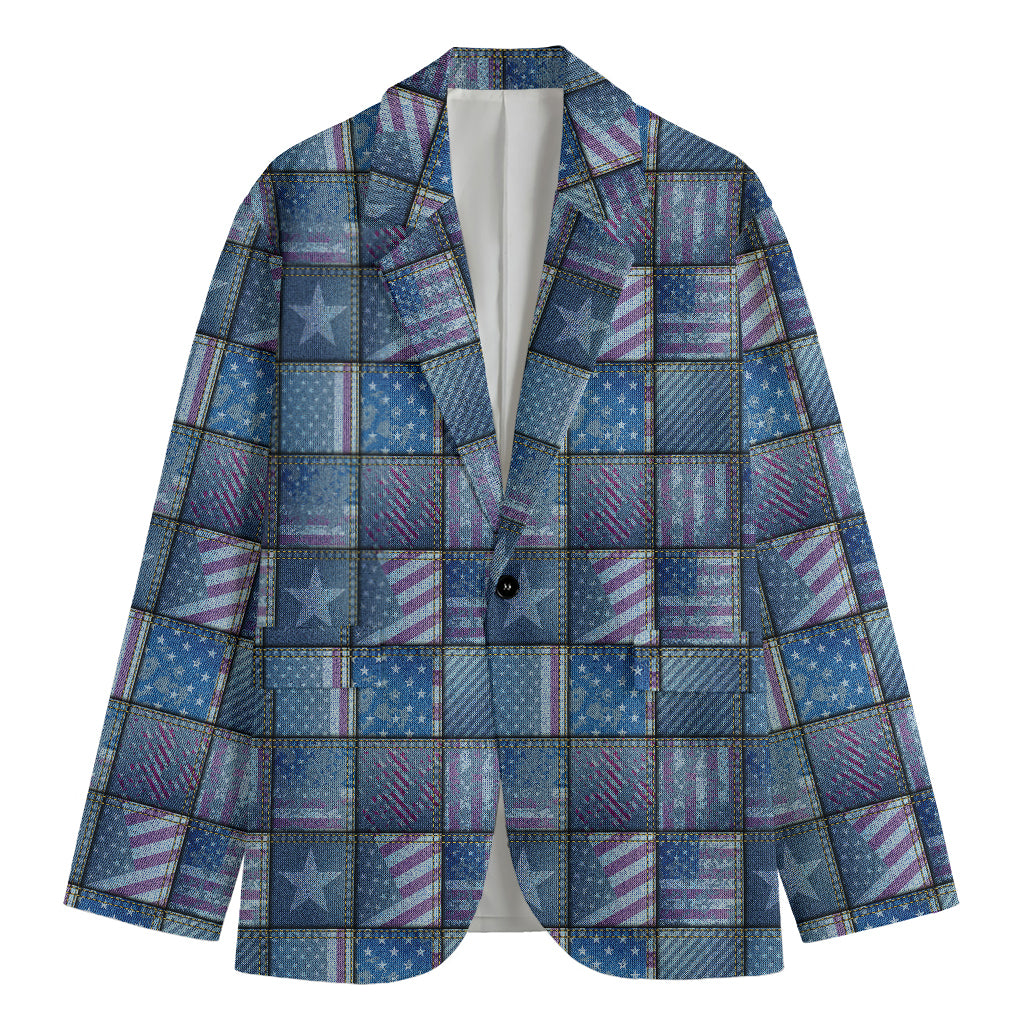 American Denim Patchwork Pattern Print Men's Blazer
