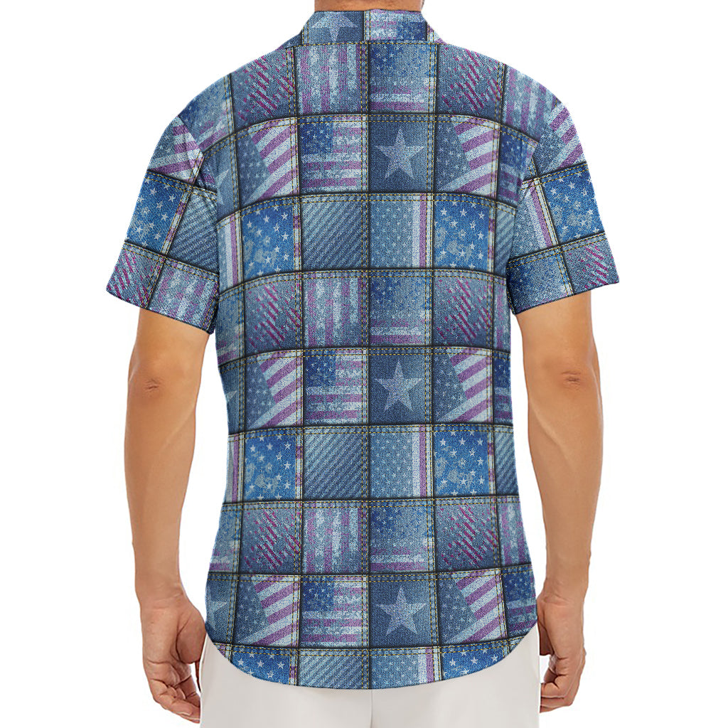 American Denim Patchwork Pattern Print Men's Deep V-Neck Shirt