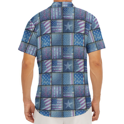 American Denim Patchwork Pattern Print Men's Deep V-Neck Shirt