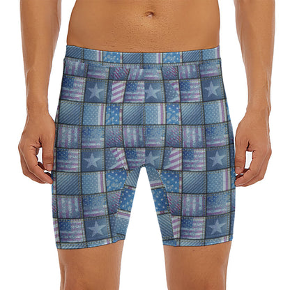 American Denim Patchwork Pattern Print Men's Long Boxer Briefs