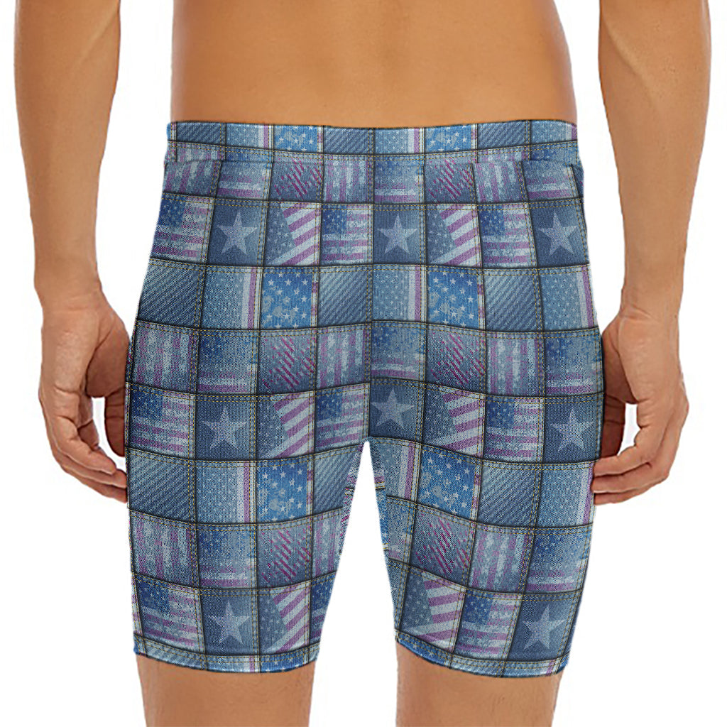 American Denim Patchwork Pattern Print Men's Long Boxer Briefs