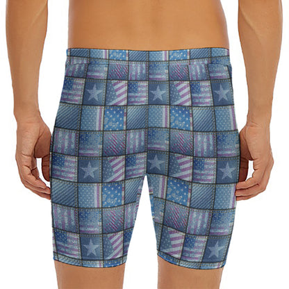 American Denim Patchwork Pattern Print Men's Long Boxer Briefs