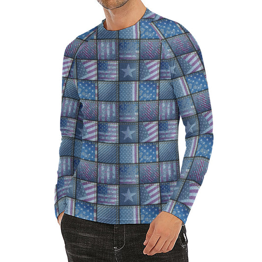 American Denim Patchwork Pattern Print Men's Long Sleeve Rash Guard