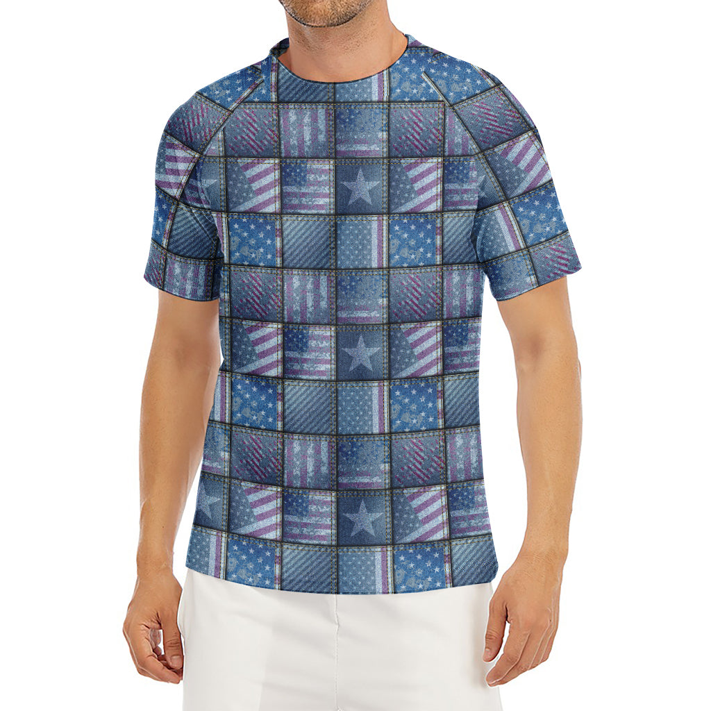 American Denim Patchwork Pattern Print Men's Short Sleeve Rash Guard