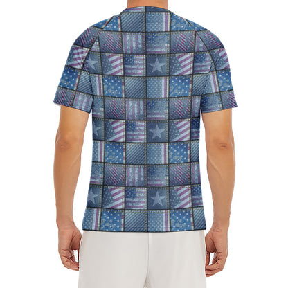 American Denim Patchwork Pattern Print Men's Short Sleeve Rash Guard