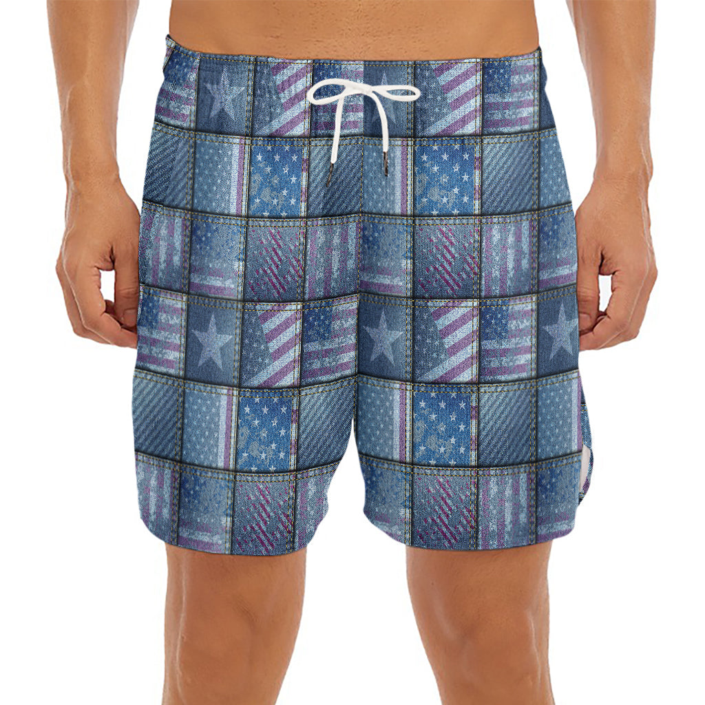 American Denim Patchwork Pattern Print Men's Split Running Shorts