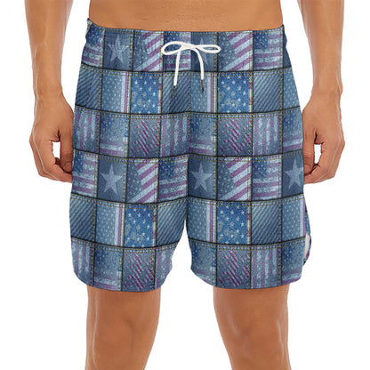 American Denim Patchwork Pattern Print Men's Split Running Shorts