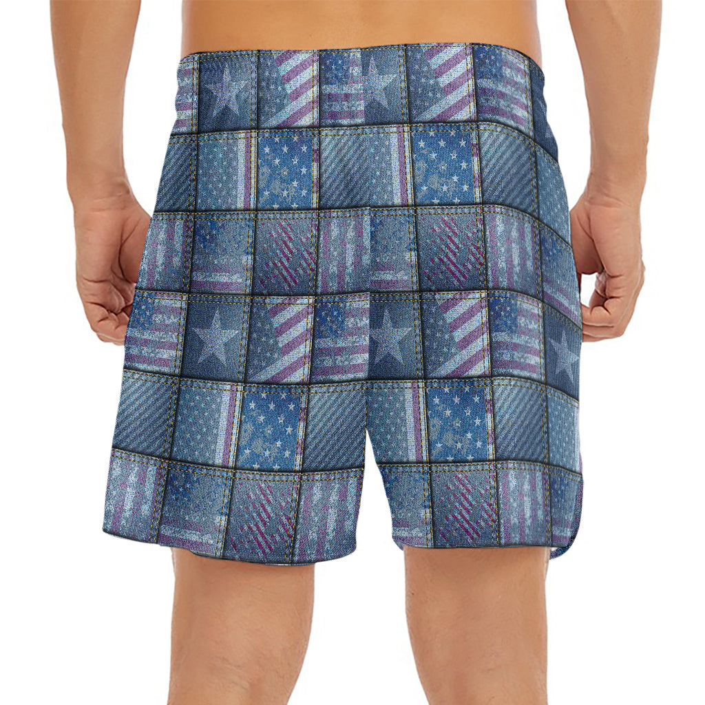 American Denim Patchwork Pattern Print Men's Split Running Shorts