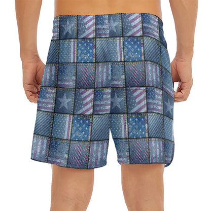 American Denim Patchwork Pattern Print Men's Split Running Shorts